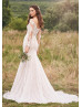 Long Sleeve Beaded V Neck Ivory Lace Tulle Wedding Dress